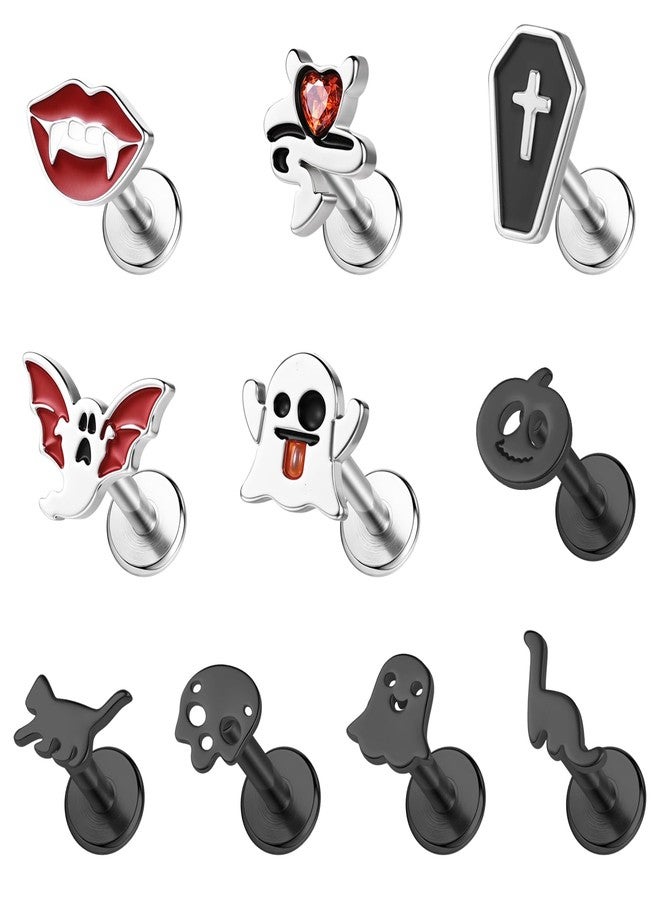 BodyAce 16G Flat Back Earrings Halloween Lip Rings Black Gothic Labret Stud Cartilage Helix Earring Pumpkin Lip Studs Ghost Skull Tragus Piercing Halloween Jewelry [A:8mm] - Image 1